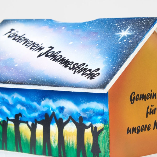 003 Kunst Airbrush Spende Holzhaus Gestaltung Bemalung Sonderaktion Kirche Opferkästchen Gemeinsam Stark